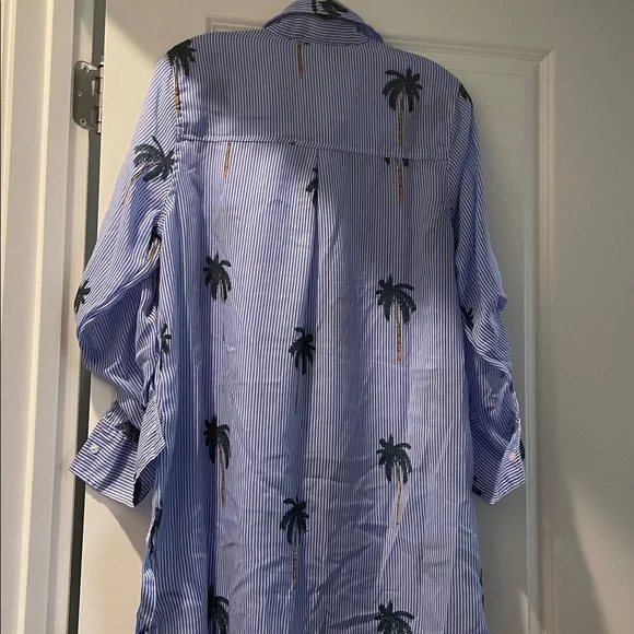 Violet Sky Overshirt Coverup Tunic Size S Blue White Stripes Tropical Vacation - Picture 8 of 13
